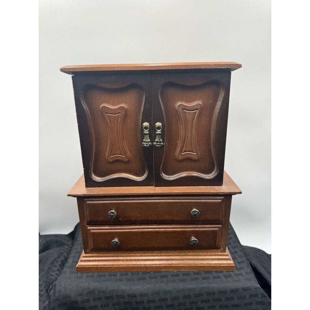 Vintage 5 Drawer Wooden Jewelry Box With Green Lining